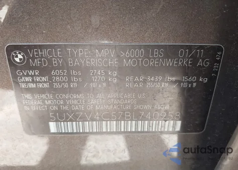 2011 BMW X5 xDrive35I/xDrive35I Premium/xDrive35I Sport Activity z USA, uszkodzony, nr VIN 5UXZV4C57BL740958